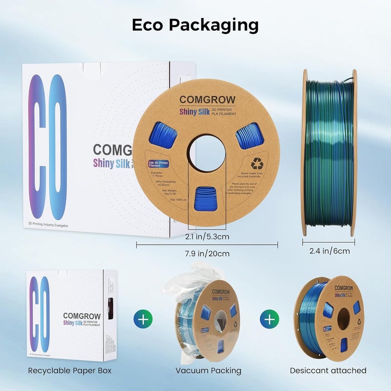 Comgrow Silk PLA 3D Printer Filament, Dual Color 2 in 1 Green and Blue, 3D Printing PLA Filament 1.75mm, Dimensional Accuracy +/- 0.02 mm, 1KG Spool, Coextrusion Shiny Silk 3D Filament - Image 3
